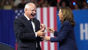 Kamala Harris Tim Walz Campaign Event Laughing.